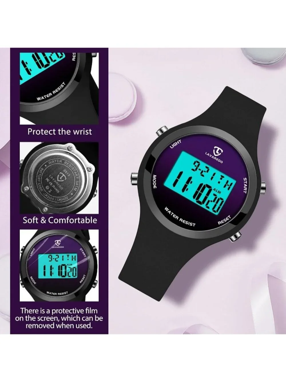 Women's Black Purple Quartz Chronograph Waterproof Outdoor Sport Digital Watch